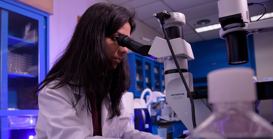 Medical student using microscope