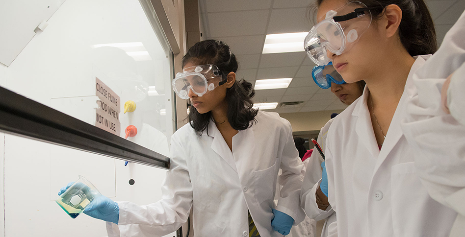 Lab workers looking at test beakers