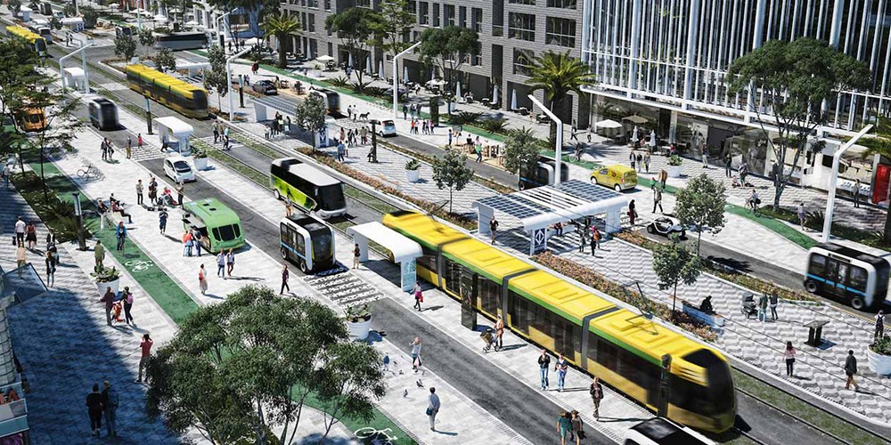 Illustration of futuristic city street.
