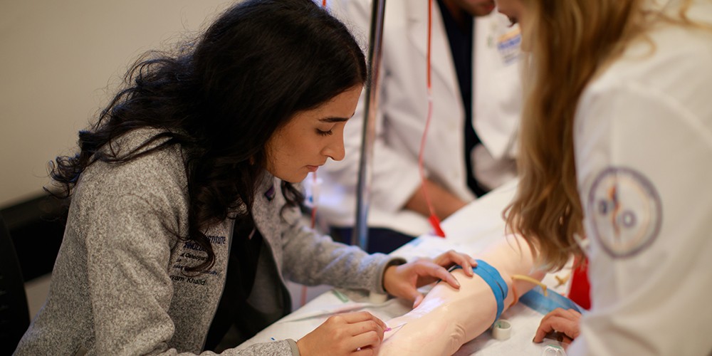 Student drawing blood from simulated patient