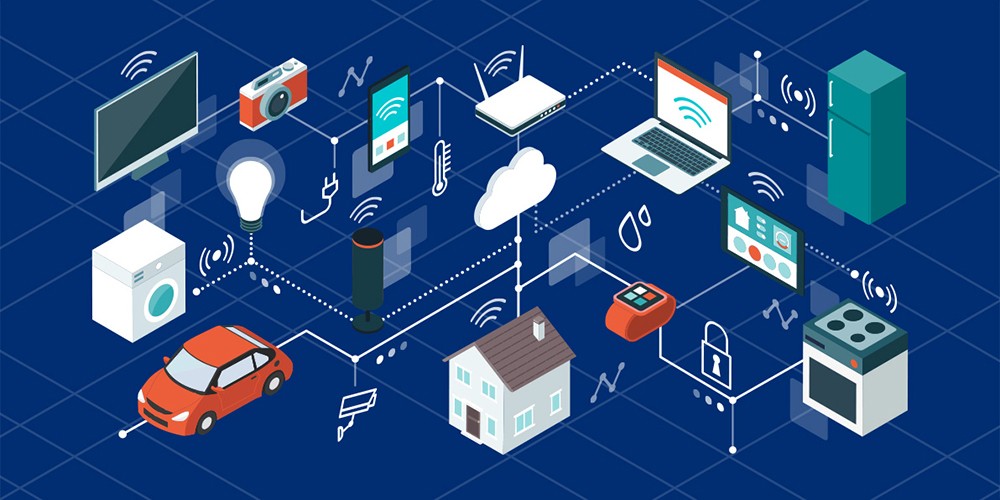 Illustration of a house connected by many computer components